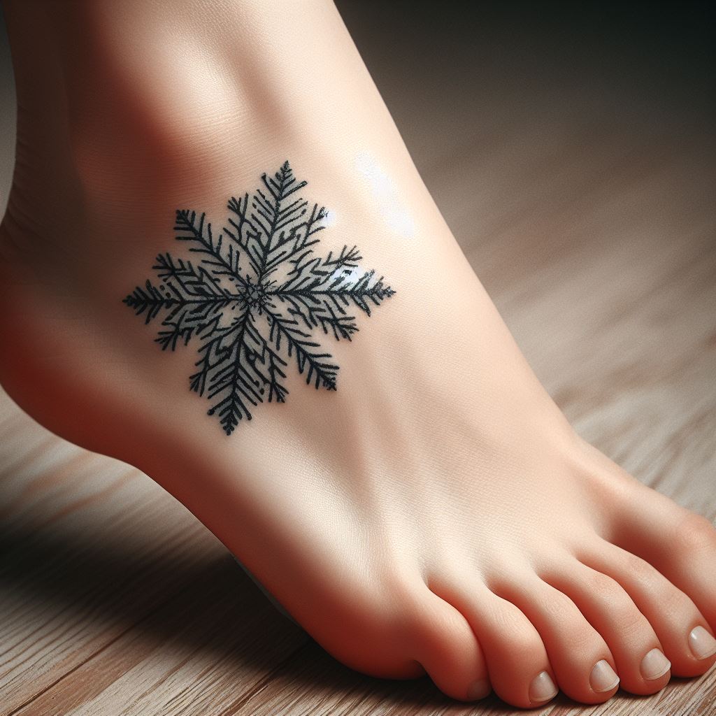 A delicate snowflake tattoo, each intricate detail crisply inked on the side of a woman's foot. The snowflake should embody uniqueness and the beauty of individuality, with each arm of the flake showing fine, symmetrical patterns. This tattoo serves as a reminder of personal identity and the elegance found in nature's fleeting creations.