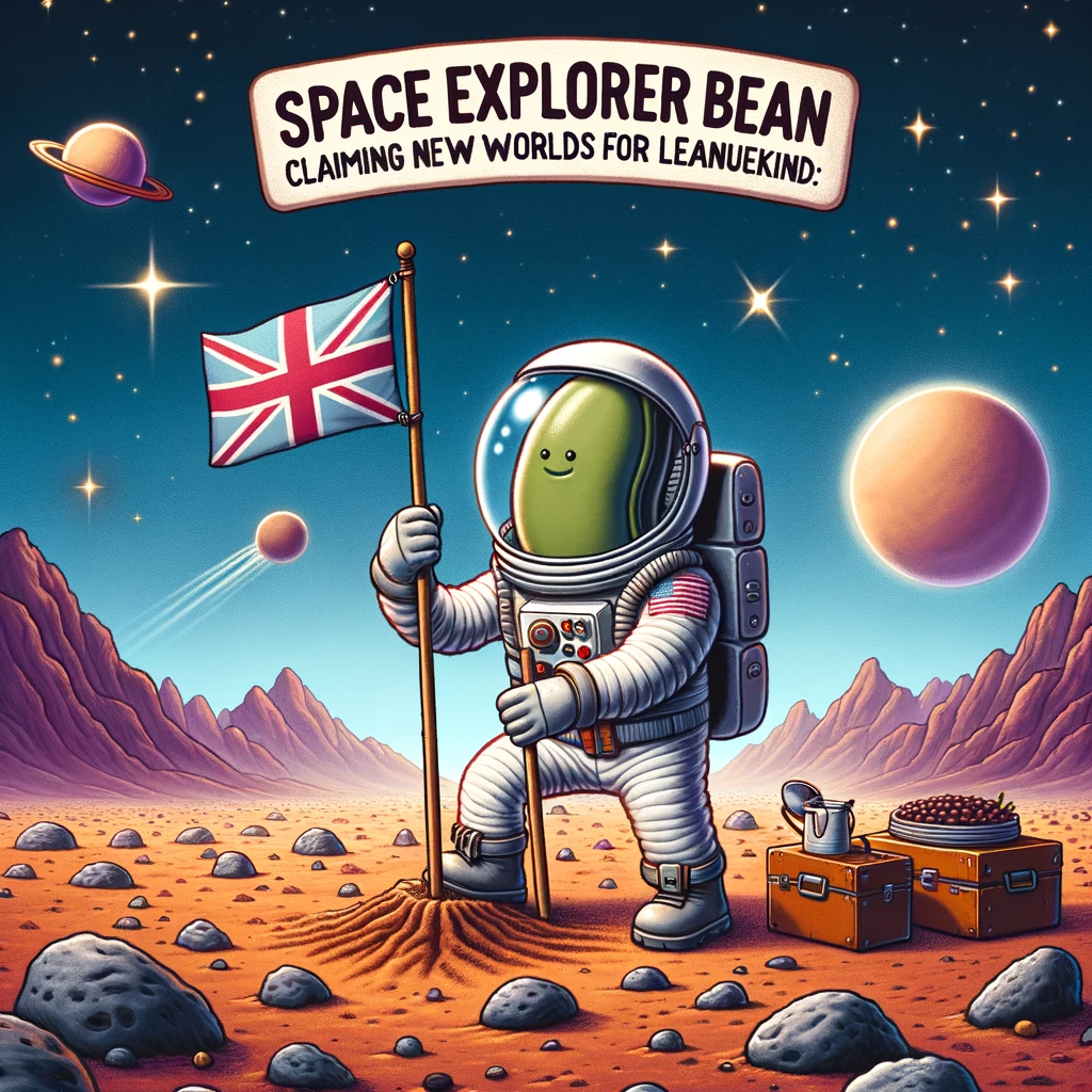 A bean in a spacesuit planting a flag on an alien planet, captioned 'SpaceExplorerBean: Claiming new worlds for legumekind.'