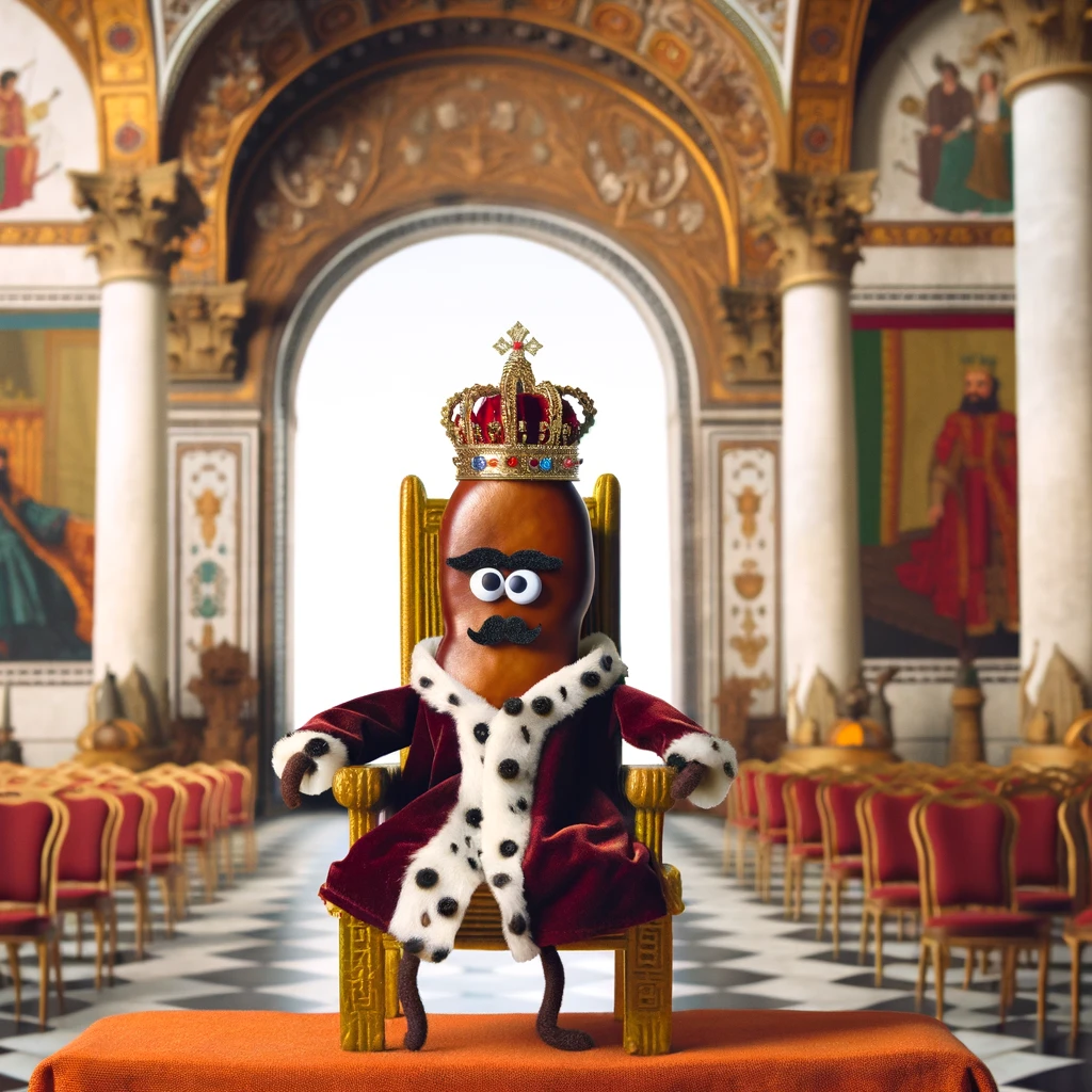 A bean dressed as a king, sitting on a throne in a grand hall, captioned 'KingBean: Ruler of the great legume kingdom.'