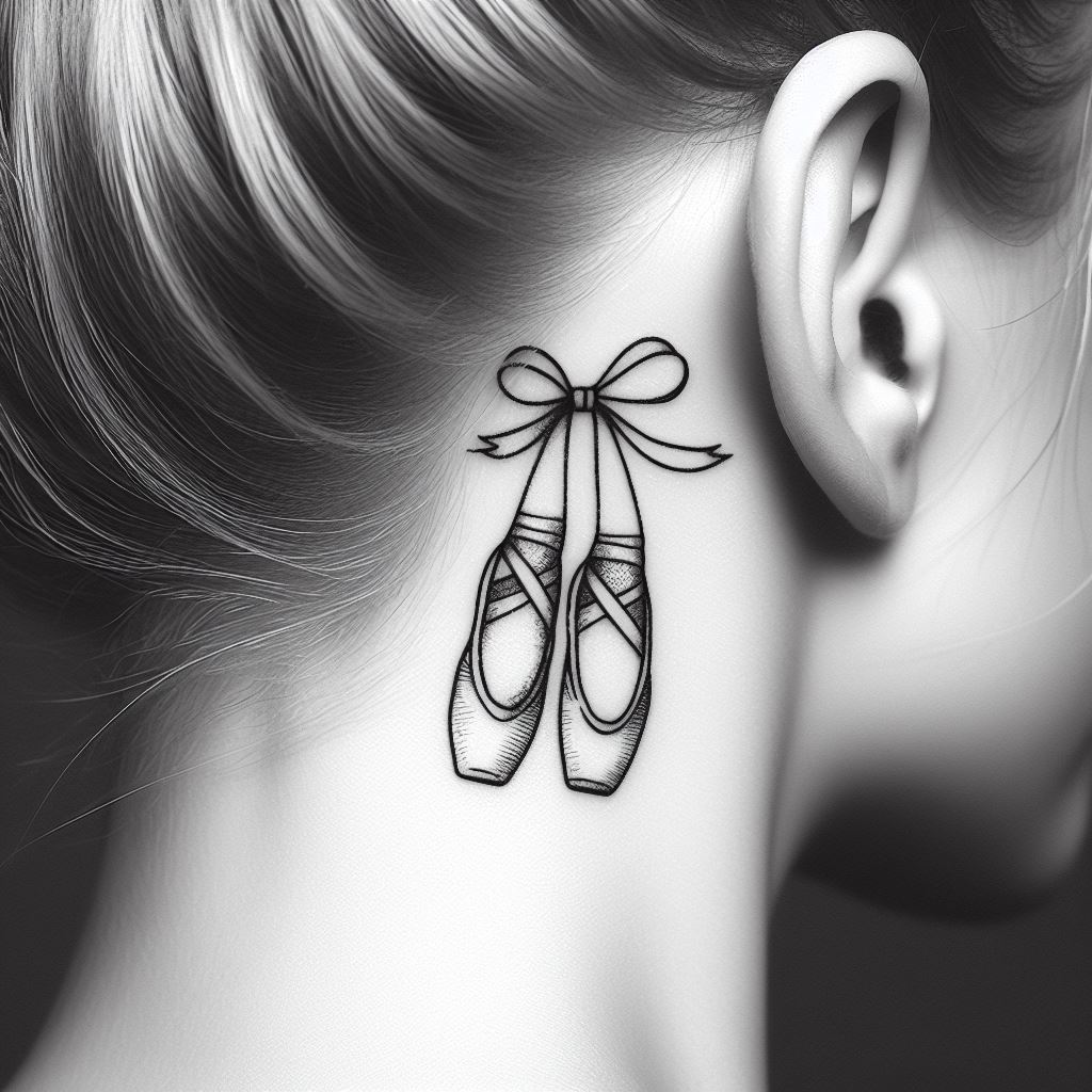 A tiny pair of ballet slippers, tied with a dainty bow, tattooed behind a woman's ear. The slippers should be rendered with fine lines, capturing the essence of grace, discipline, and a passion for dance. This design is meant to be a subtle nod to the wearer's love for the art form, visible when the hair is tucked back.