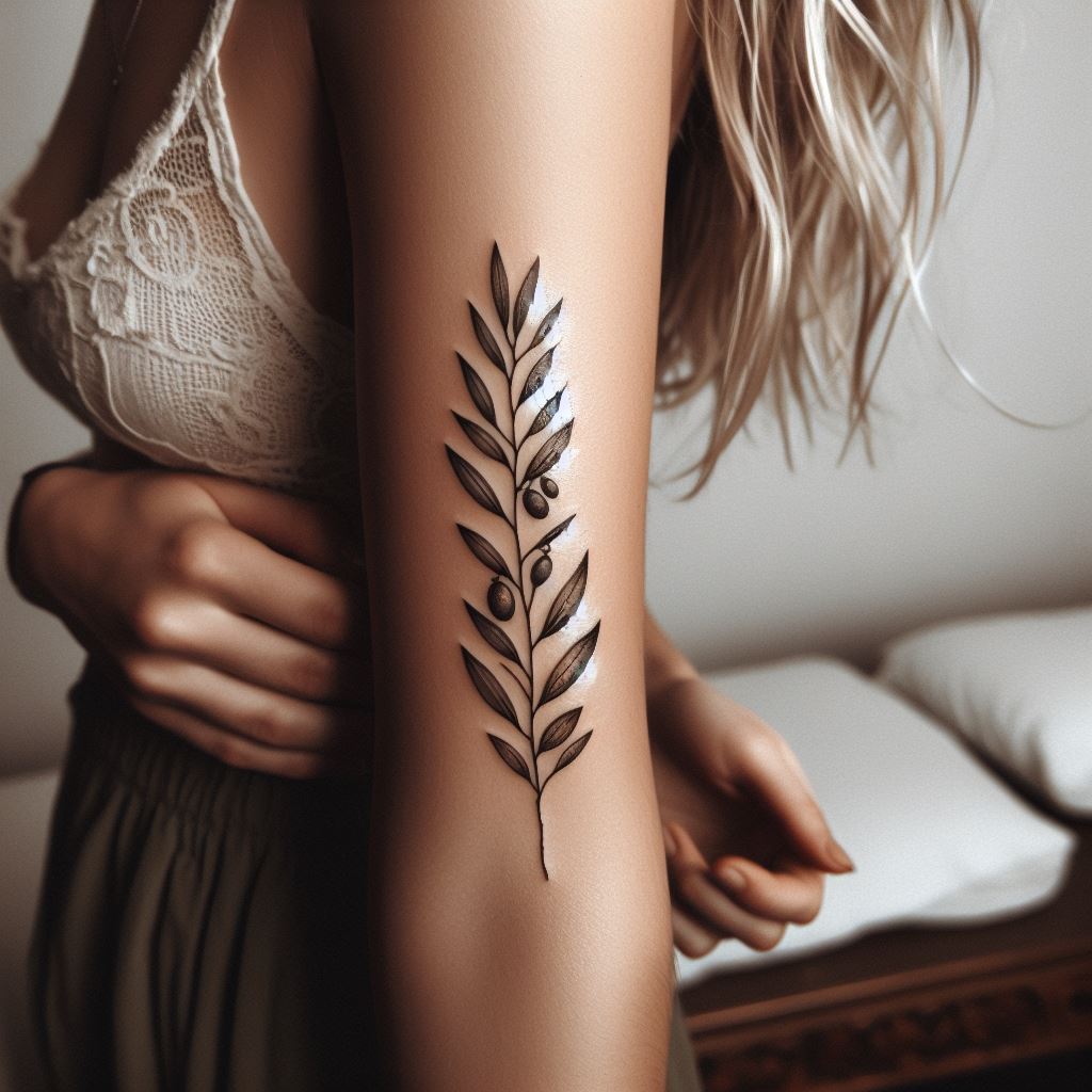 A small olive branch tattoo, extending subtly along the side of a woman's forearm. The branch should feature detailed leaves and possibly tiny olives, symbolizing peace and victory. This tattoo blends natural beauty with profound meaning, creating a design that is both aesthetically pleasing and symbolically rich.