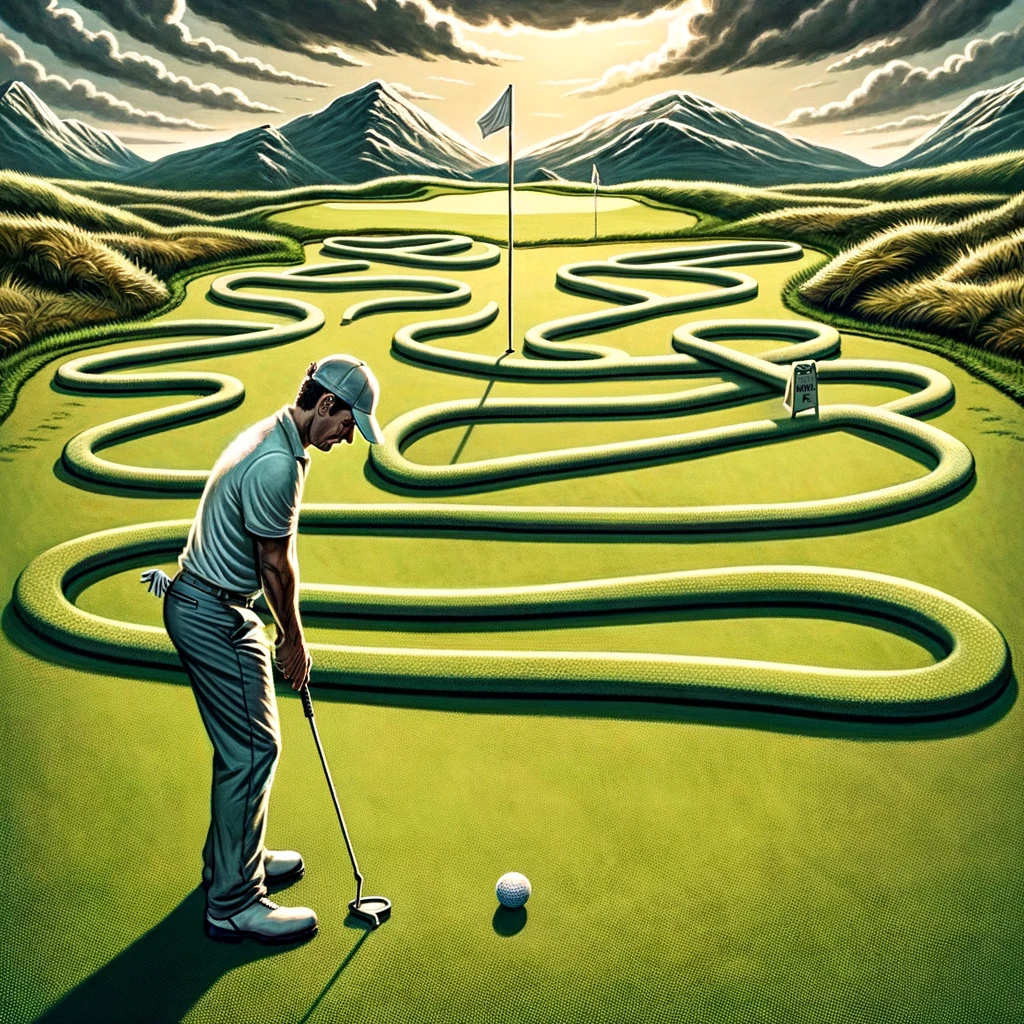 A golfer facing a seemingly impossible putt, with a confident smirk, as the path to the hole is drawn with ridiculous loops, jumps, and zigzags, showing unwavering confidence despite the odds. This image captures the eternal optimism of golfers, believing in the improbable shot, humorously exaggerated to highlight the blend of hope and skill that defines moments on the green. The scene embodies the spirit of 'never give up,' with the golfer poised and ready, as if the laws of physics might bend to their will for just this one shot.