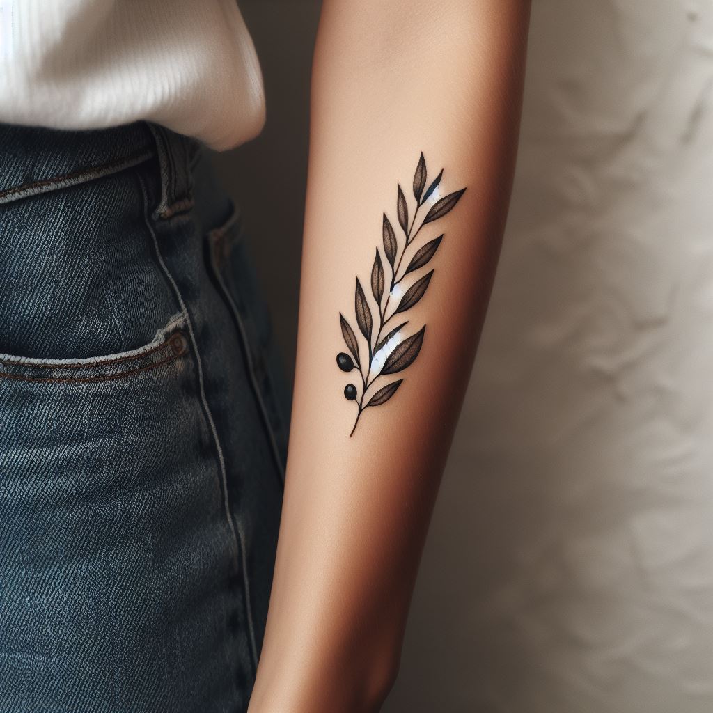 A small olive branch tattoo, extending subtly along the side of a woman's forearm. The branch should feature detailed leaves and possibly tiny olives, symbolizing peace and victory. This tattoo blends natural beauty with profound meaning, creating a design that is both aesthetically pleasing and symbolically rich.