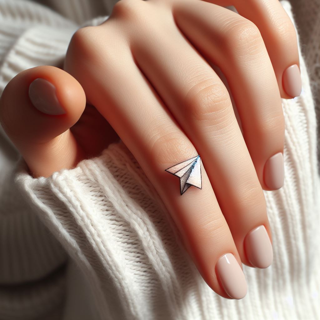 A miniature paper airplane tattoo, positioned on the inner side of a woman's finger. The paper airplane should look whimsical and simple, symbolizing freedom, childhood innocence, and the journey of life. Despite its small size, this tattoo prompts a sense of adventure and nostalgia.