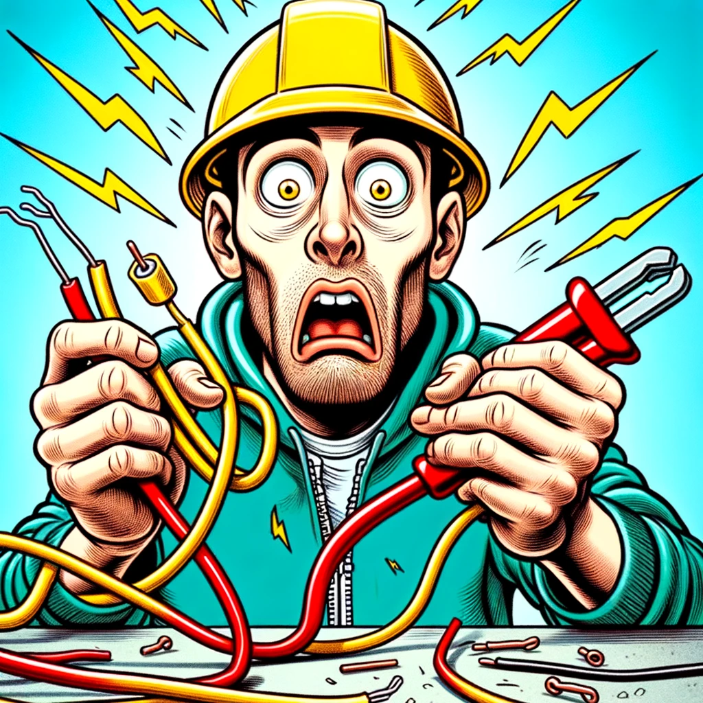 A humorous illustration of an electrician accidentally connecting two wires and getting a shock, with a surprised expression on their face. The caption reads: "When you realize you've been doing live wire tutorials all along."