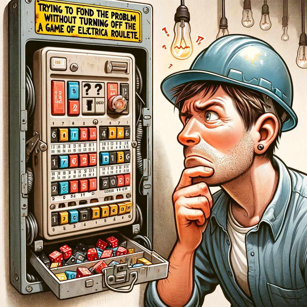 An image of an electrician looking at a fuse box with a puzzled expression. The caption reads: "Trying to find the problem without turning off the power first is like playing a game of electrical roulette."