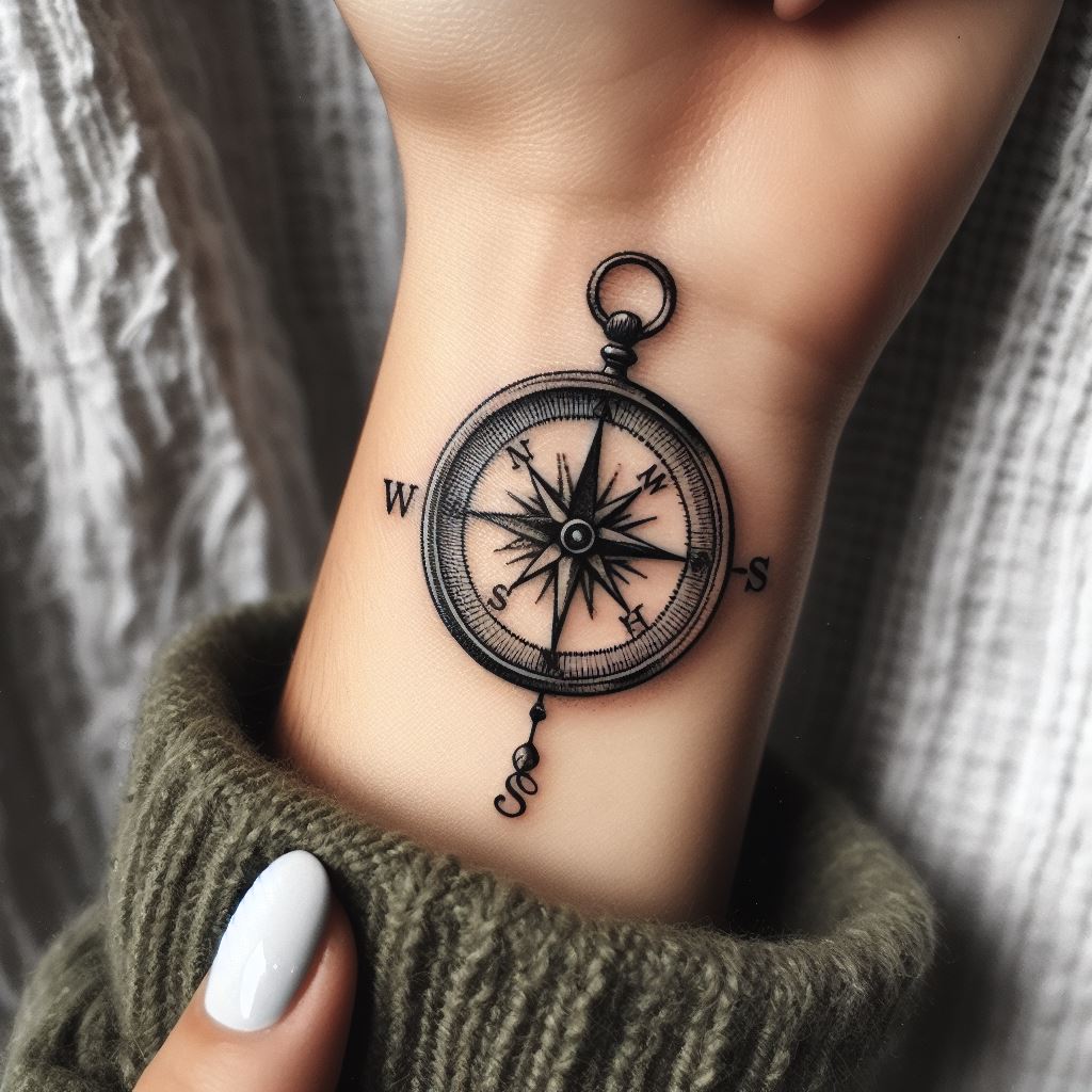 A tiny, detailed compass tattoo, inked on the side of a woman's wrist. The compass should be compact but intricate, with a vintage design that speaks to guidance, direction, and a love for travel. This tattoo is a constant reminder of the wearer's journey and the paths yet to be explored.