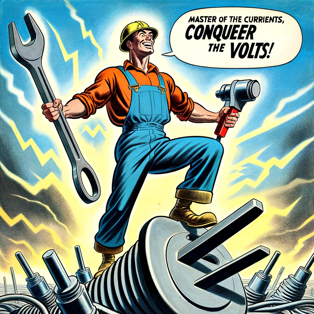 A comic scene of an electrician standing triumphantly on top of a giant electrical plug, with tools in hand. The caption reads: "Master of the currents, conqueror of the volts."