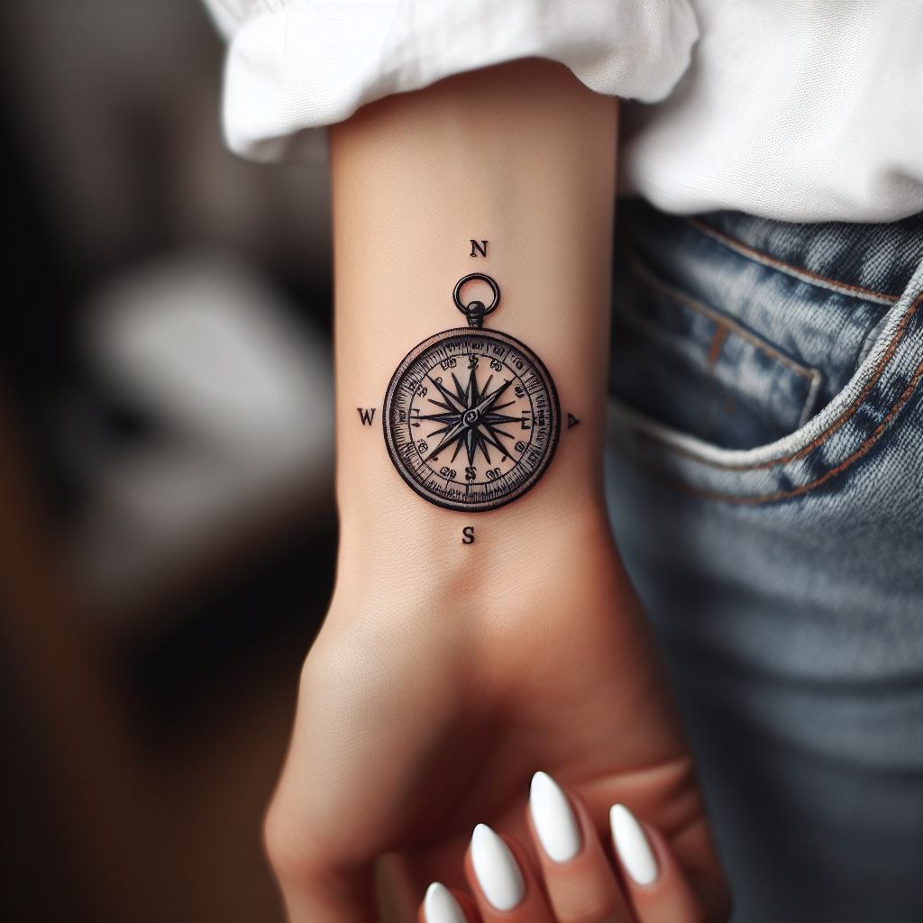A tiny, detailed compass tattoo, inked on the side of a woman's wrist. The compass should be compact but intricate, with a vintage design that speaks to guidance, direction, and a love for travel. This tattoo is a constant reminder of the wearer's journey and the paths yet to be explored.