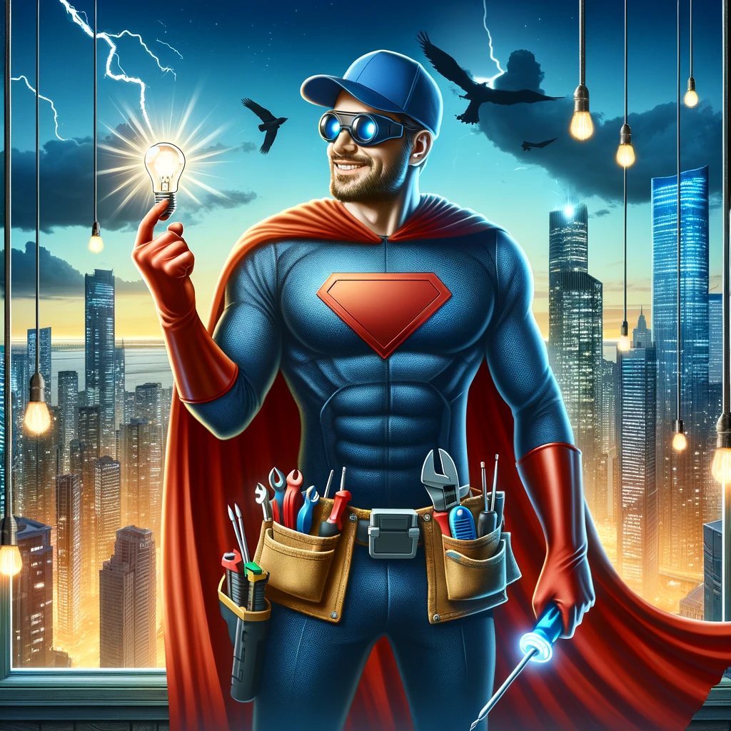 An image showing an electrician with a superhero cape, holding a light bulb in one hand and a screwdriver in the other, with a city skyline in the background. The caption reads: "When the city calls, the electrician superhero answers with voltage and valor."