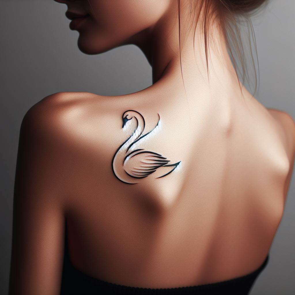 A small, elegant swan tattoo, gracefully positioned on a woman's shoulder blade. The swan should be depicted with minimalistic lines, yet capturing the elegance and strength of the bird. This tattoo symbolizes beauty, grace, and the ability to overcome challenges, serving as a personal emblem of resilience.