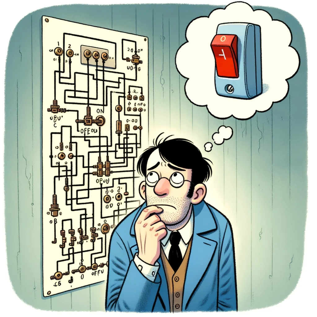 Illustration of an electrician looking at a complex wiring diagram with a confused expression. A thought bubble shows a simple on/off switch. The caption reads: "Sometimes, the solution is simpler than you think."