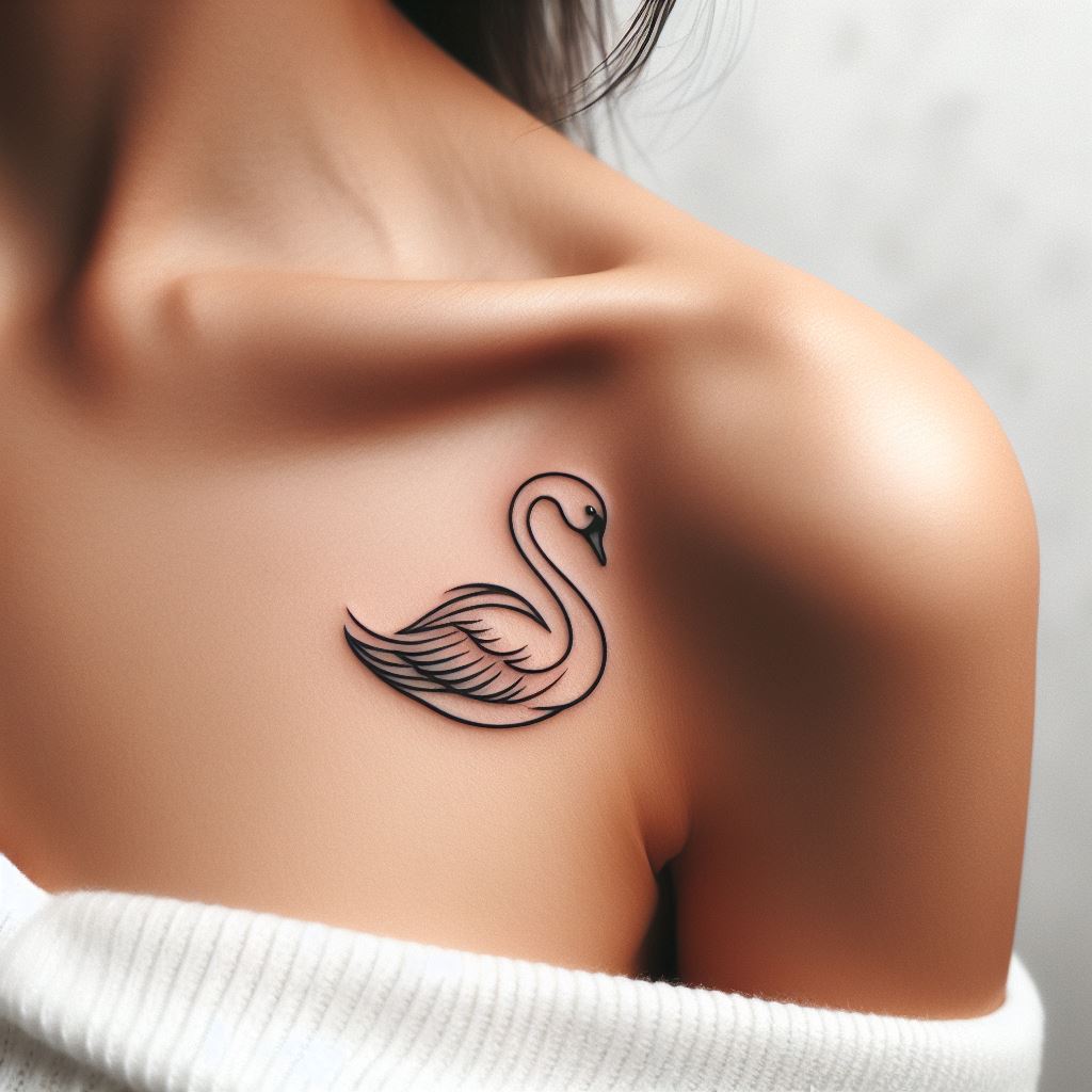 A small, elegant swan tattoo, gracefully positioned on a woman's shoulder blade. The swan should be depicted with minimalistic lines, yet capturing the elegance and strength of the bird. This tattoo symbolizes beauty, grace, and the ability to overcome challenges, serving as a personal emblem of resilience.