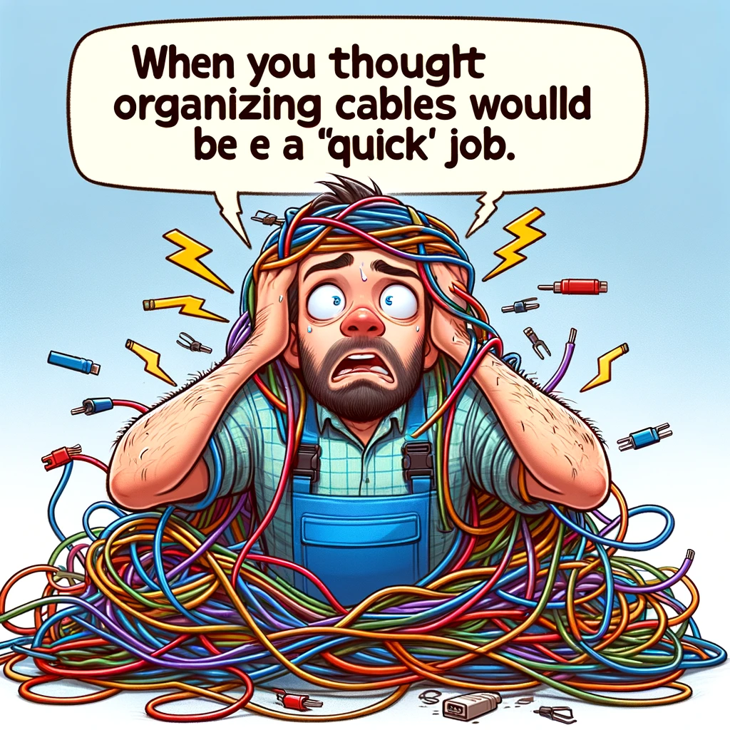A funny illustration of an electrician tangled in a web of colorful wires, looking bewildered. The caption reads: "When you thought organizing cables would be a 'quick' job."
