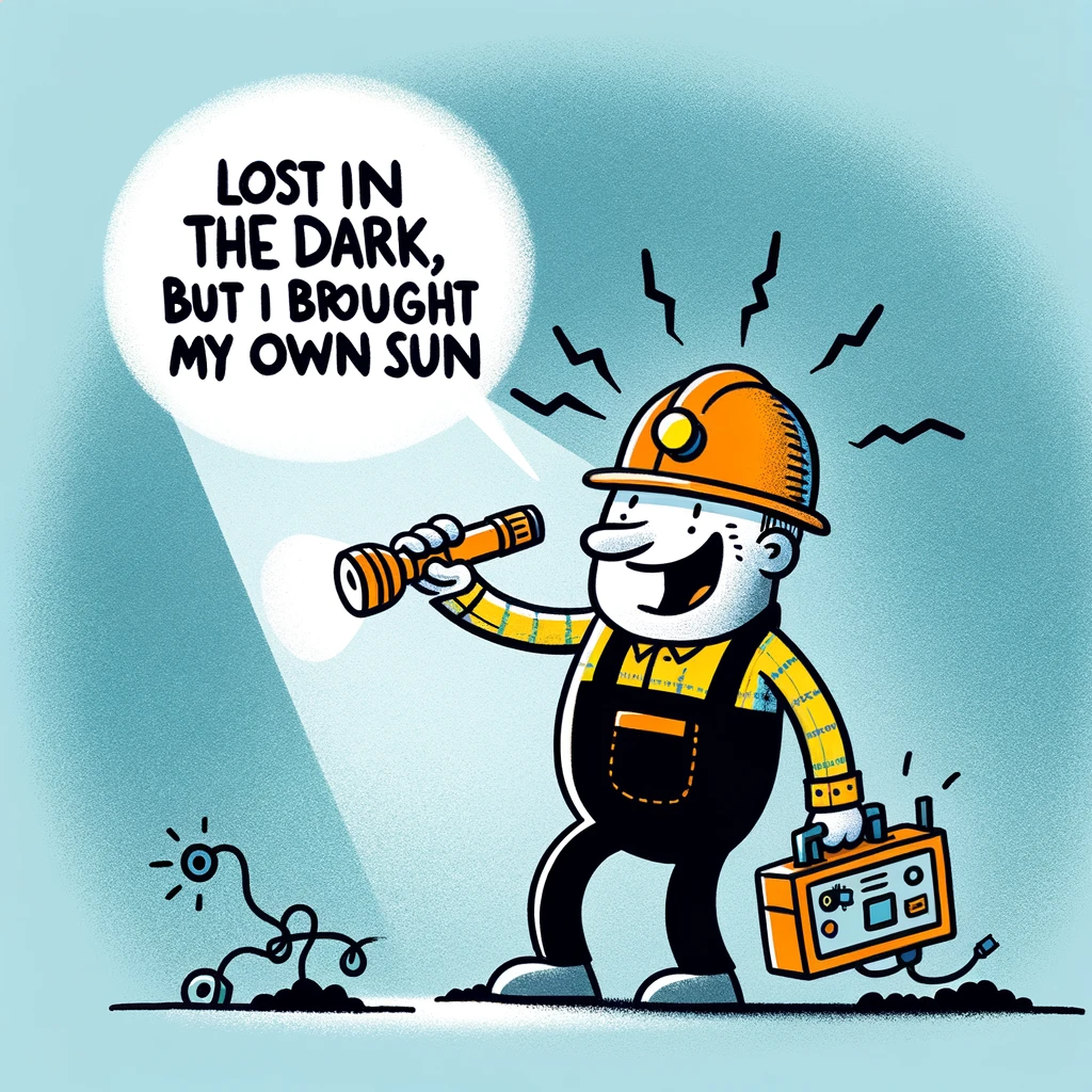A cartoon of an electrician with a flashlight in their mouth, searching for a problem in the dark, next to a caption that says: "Lost in the dark, but I brought my own sun."