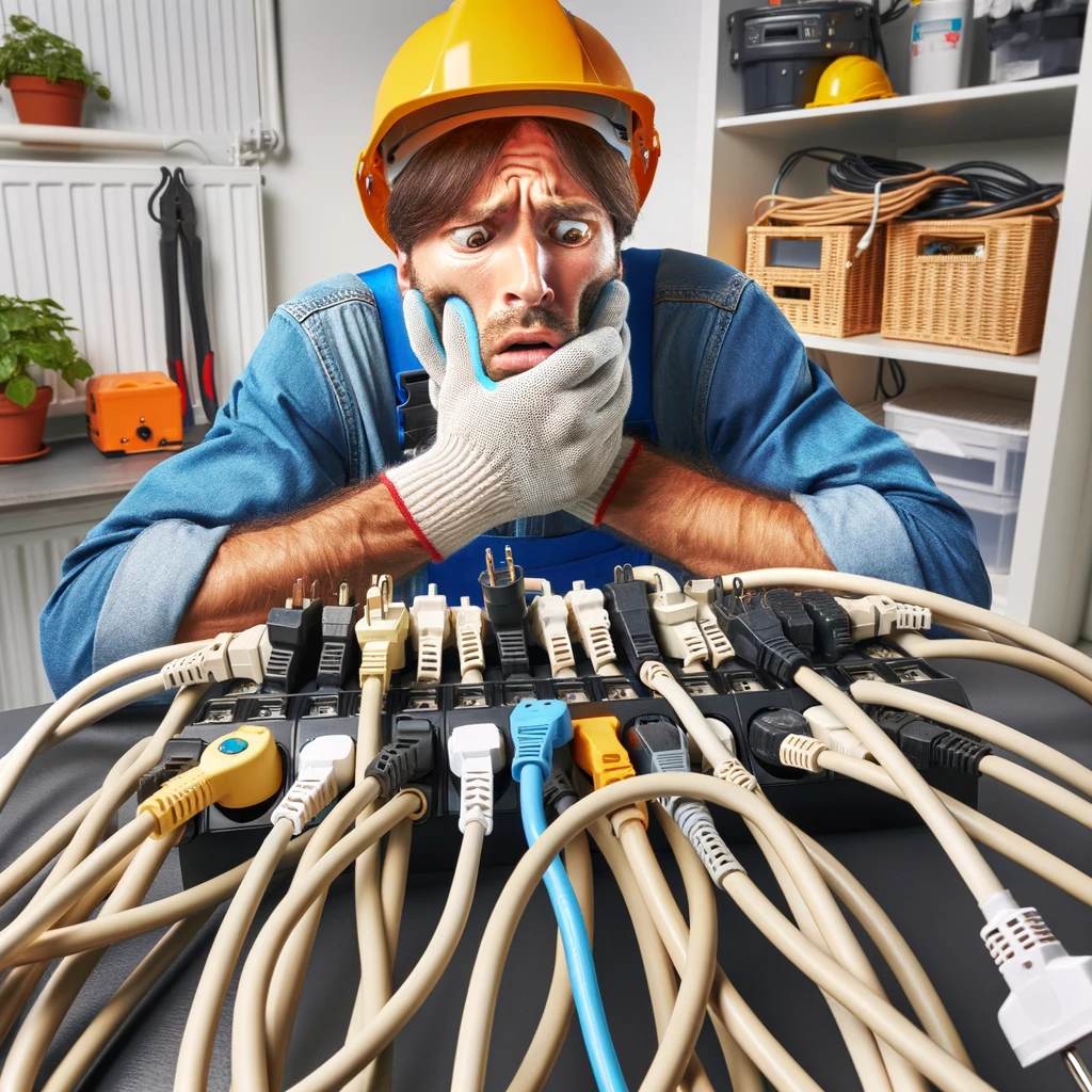 An electrician looking at a socket with multiple extension cords plugged in, overwhelmed. The caption reads: "When you find the source of the power outage."
