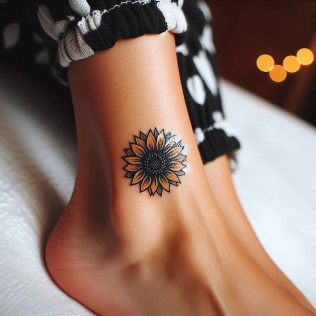 A tiny, vibrant sunflower tattoo, located just above a woman's ankle. The sunflower should be small but detailed, with petals radiating outwards, symbolizing positivity, warmth, and adoration for the sun. This cheerful design is a bright reminder to always look towards the light, even on the darkest days.