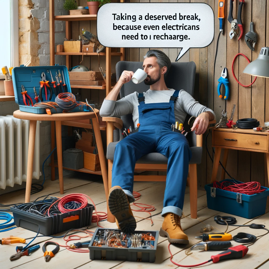 A humorous scene of an electrician sitting on a chair, drinking coffee, surrounded by tools and cables, with a relaxed expression. The caption reads: "Taking a well-deserved break, because even electricians need to recharge."