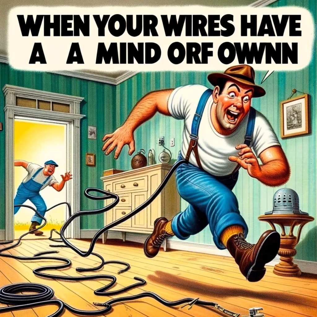 A comical image of an electrician chasing a runaway electrical wire across the room, as if it were a snake. The caption reads: "When your wires have a mind of their own."