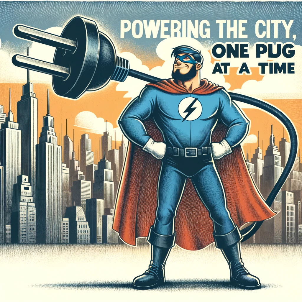 An illustration of an electrician standing confidently with a giant plug over his shoulder like a superhero, with buildings in the background. The caption reads: "Powering the city, one plug at a time."