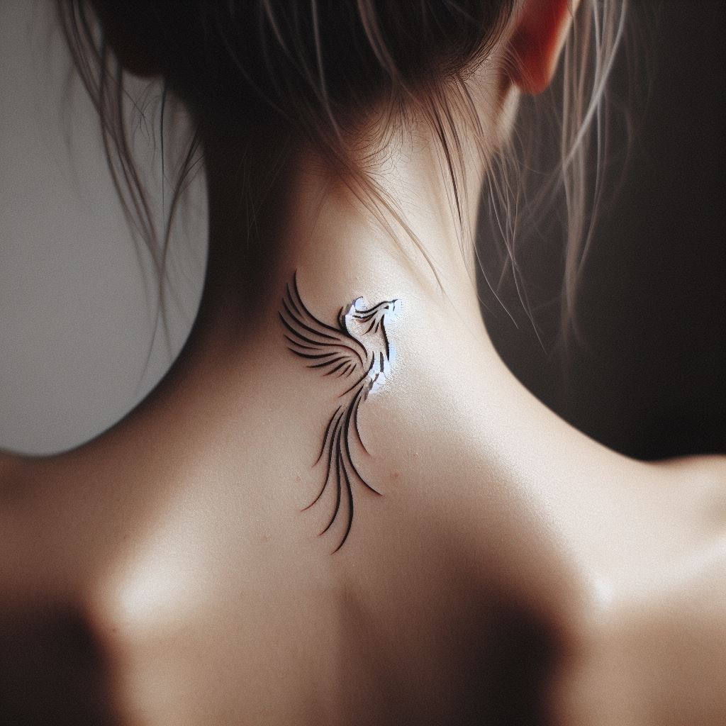 A petite phoenix tattoo, subtly placed at the base of a woman's neck, where it meets the spine. The phoenix should be ascending with its wings spread wide, yet rendered in a minimalist style with fine lines to symbolize rebirth, resilience, and the ability to rise from the ashes. The tattoo should be small, serving as a private reminder of the wearer's inner strength.