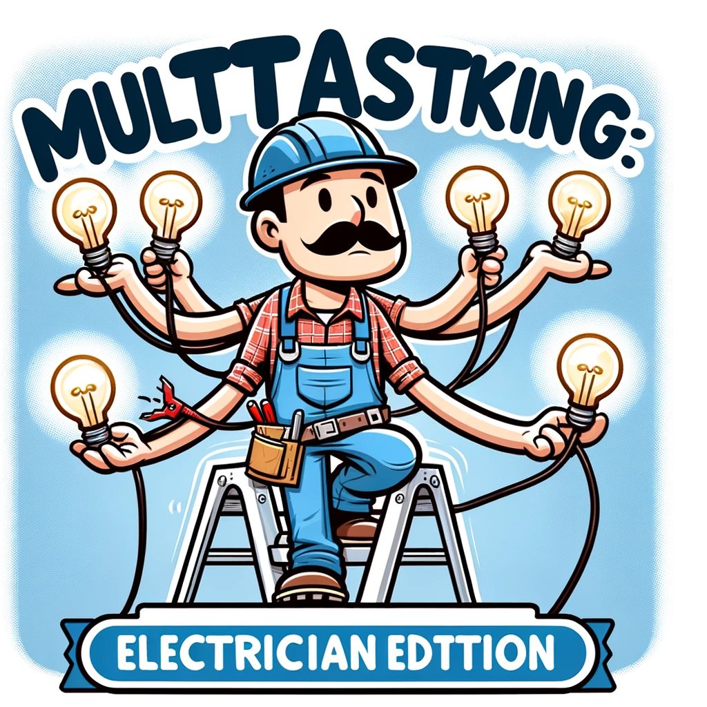 A cartoon of an electrician balancing on a ladder, juggling light bulbs, with a focused expression. The caption reads: "Multitasking: Electrician edition."