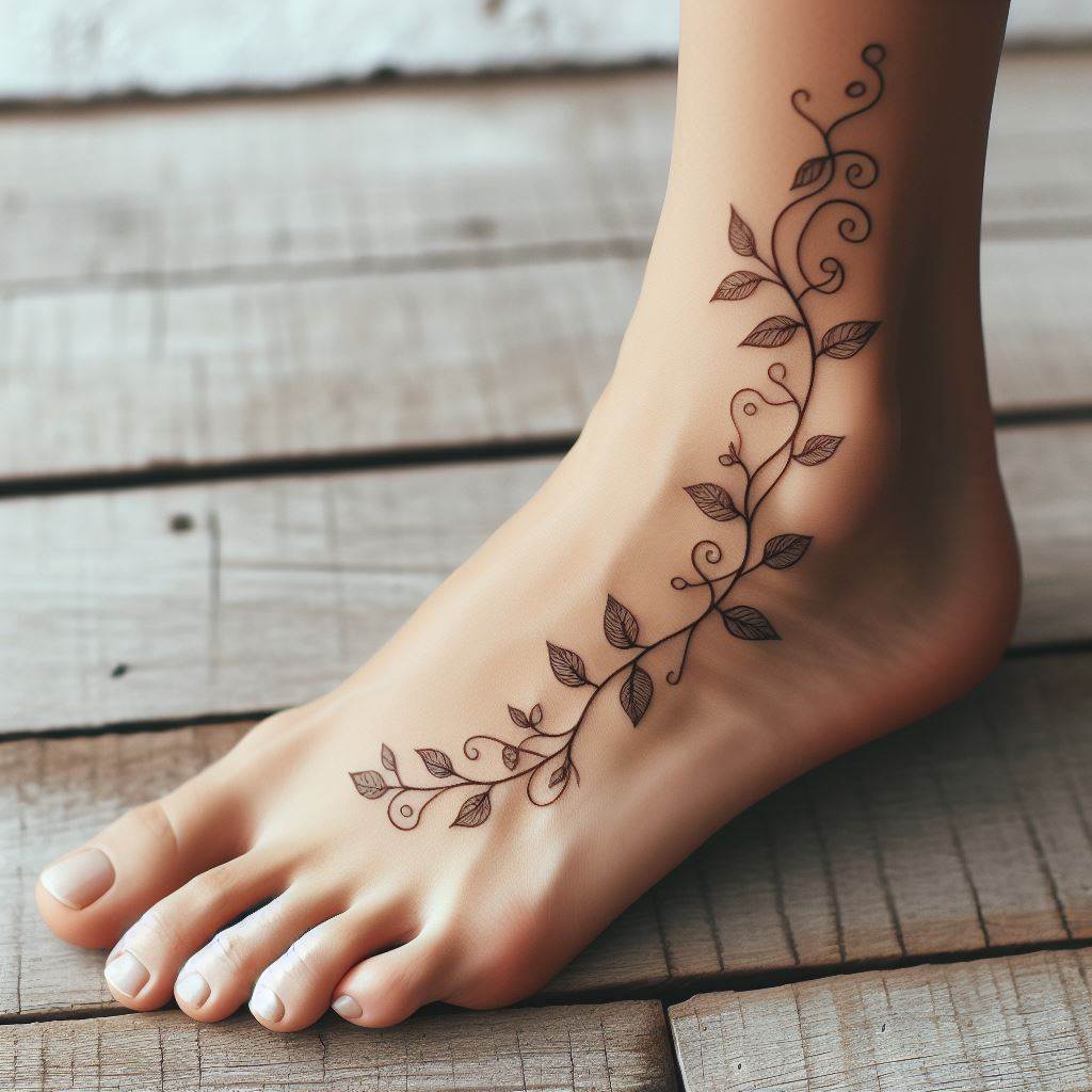 A small, delicate vine tattoo, winding gracefully around a woman's ankle and foot. The vine should feature tiny leaves and perhaps a few small flowers, representing growth, connection to nature, and personal evolution. The design should be intricate, inviting close observation to appreciate its detailed beauty.