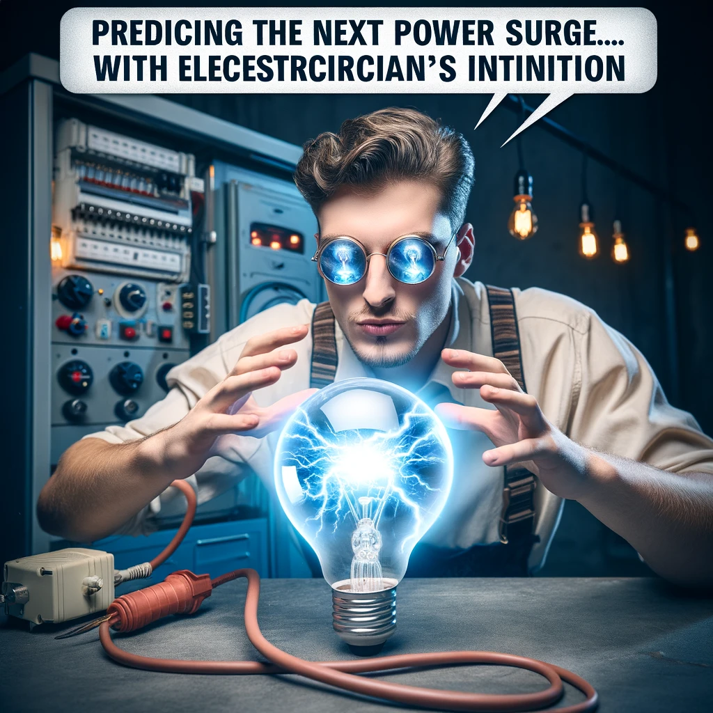 A funny image of an electrician using a giant light bulb as a crystal ball, looking into it with a mystic gaze. The caption reads: "Predicting the next power surge with electrician's intuition."