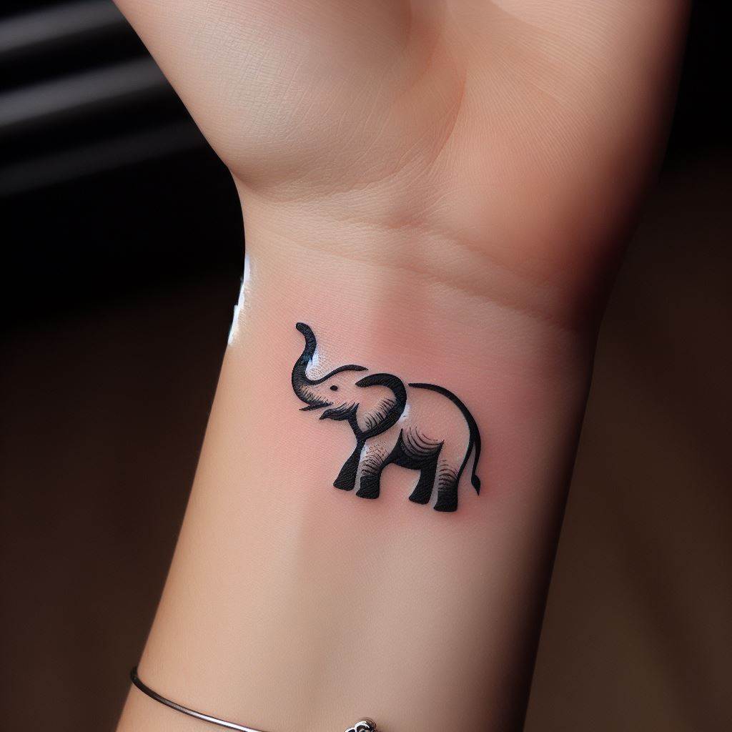 A tiny, stylized elephant tattoo, located on the inside of a woman's wrist. The elephant should be facing forward, with its trunk raised high for good luck. This tattoo should be small but powerful, symbolizing strength, wisdom, and the removal of obstacles, rendered in a way that captures the essence of the elephant in a minimalistic design.