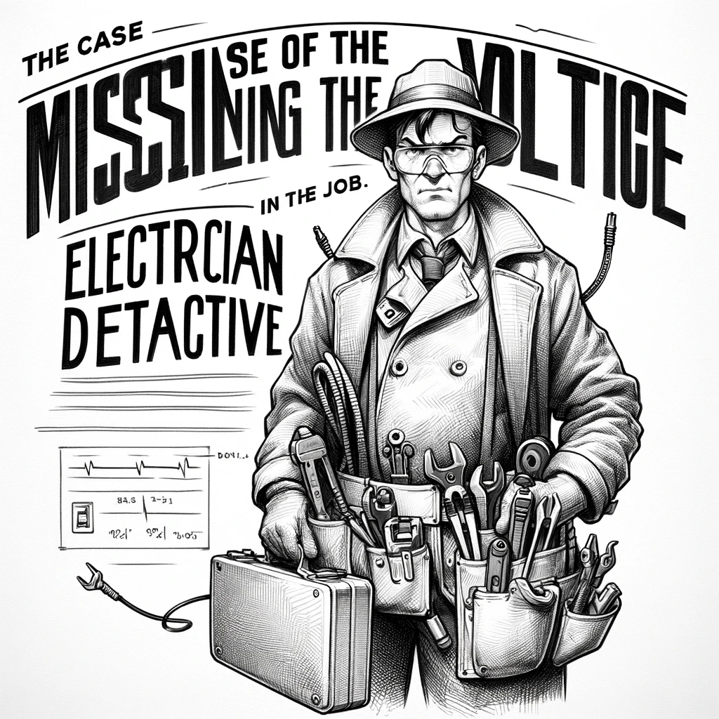 A sketch of an electrician with a tool belt full of gadgets, looking like a detective solving a mystery. The caption reads: "The case of the missing voltage: Electrician detective on the job."