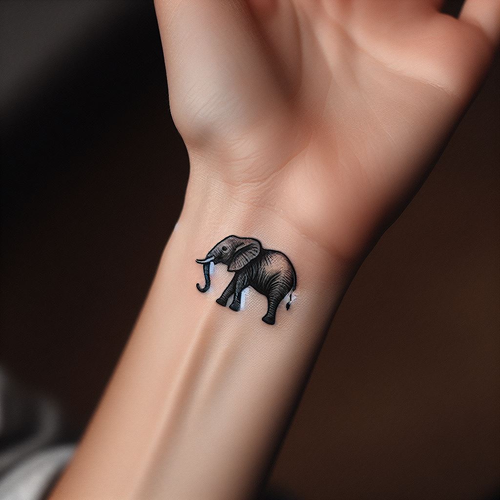 A tiny, stylized elephant tattoo, located on the inside of a woman's wrist. The elephant should be facing forward, with its trunk raised high for good luck. This tattoo should be small but powerful, symbolizing strength, wisdom, and the removal of obstacles, rendered in a way that captures the essence of the elephant in a minimalistic design.