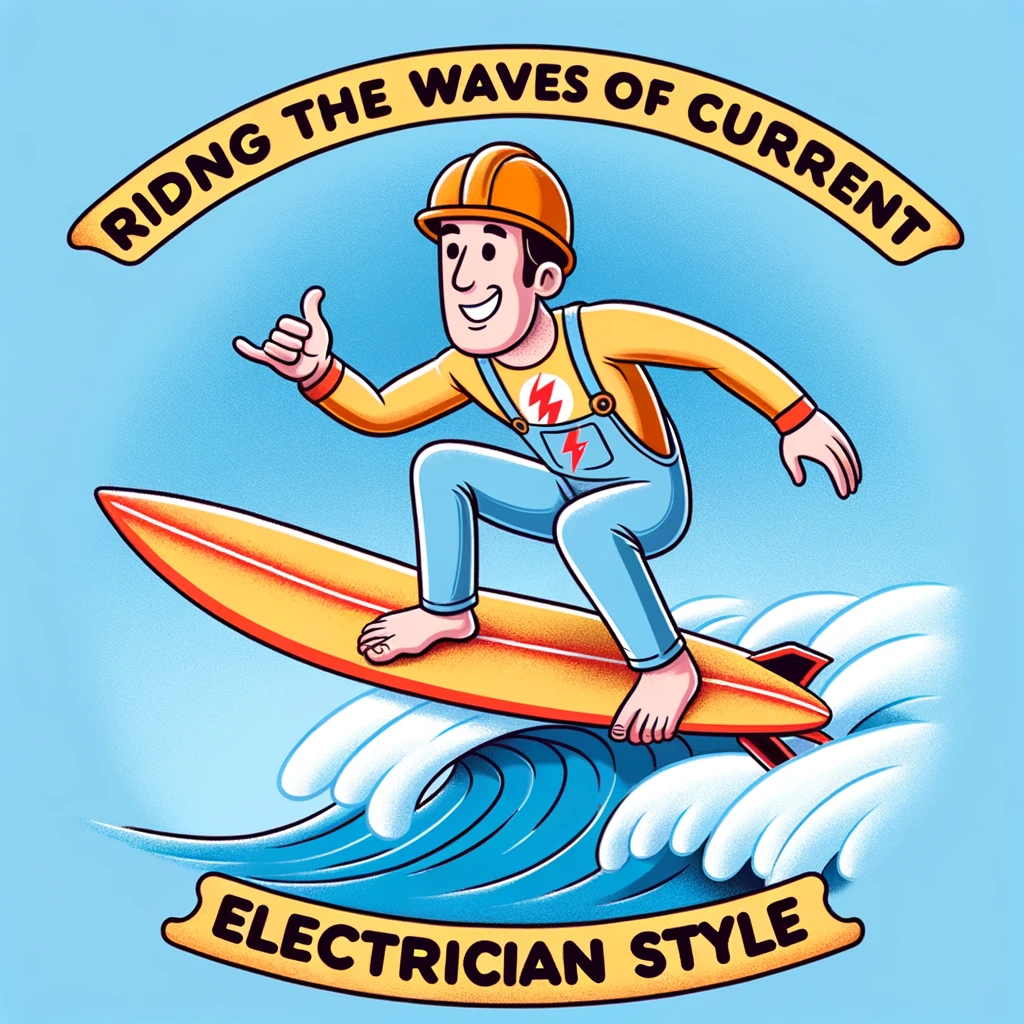 A playful illustration of an electrician riding a lightning bolt like a surfer, with a confident smile. The caption reads: "Riding the waves of current, electrician style."