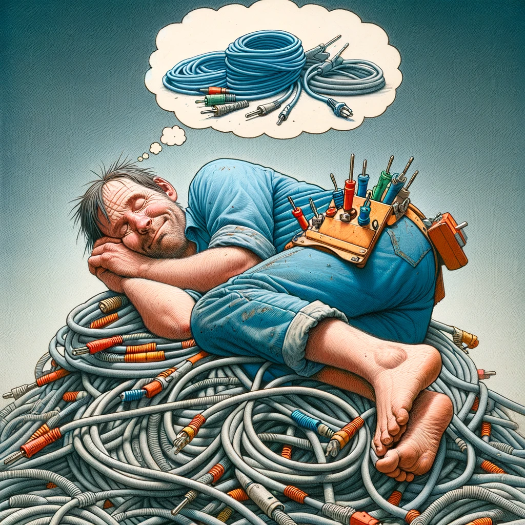 A humorous depiction of an electrician asleep on a pile of cables, with a peaceful expression. The caption reads: "Dreaming of a world without short circuits."