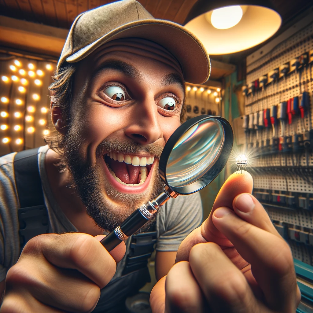 An electrician humorously looking through a magnifying glass at a tiny LED light, with an expression of intense focus. The caption reads: "Finding the light at the end of the tunnel."