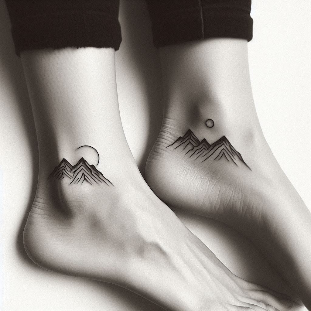 Two minimalist mountain range tattoos, symbolizing enduring friendship and adventures. The tattoos are placed on the outer side of each person's ankle, offering a subtle yet meaningful tribute to their shared love of nature and exploration. Each tattoo consists of a simple, elegant line drawing of a mountain range with a small sun or moon rising above the peaks, executed in black ink for timeless appeal.