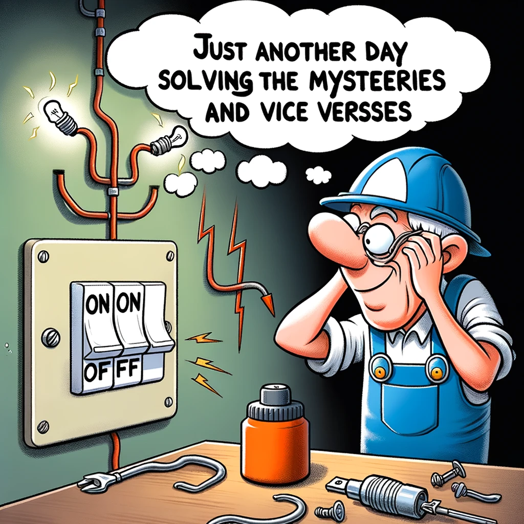 A cartoon of an electrician puzzled by a switch that says "On" in the "Off" position and vice versa, scratching their head in confusion. The caption reads: "Just another day solving the mysteries of wiring."