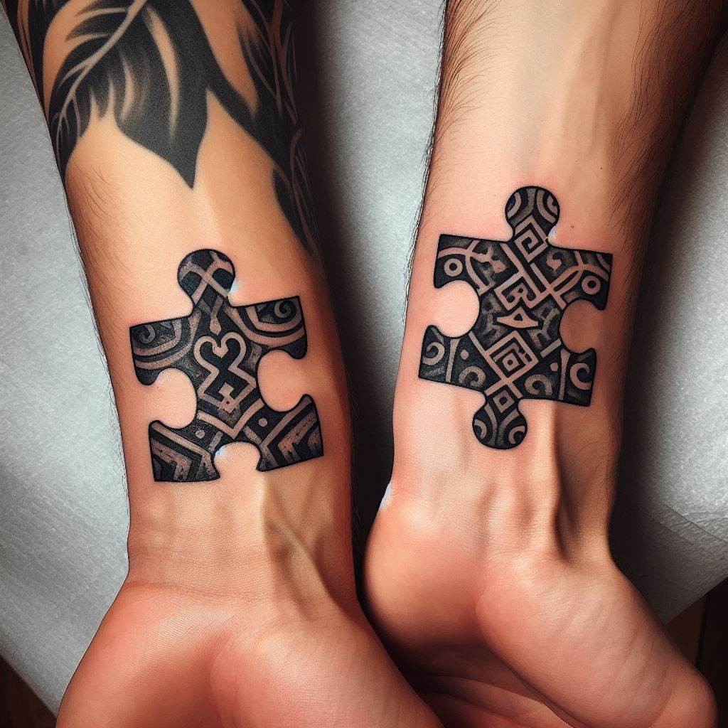 Two interlocking puzzle piece tattoos, representing the unique connection and perfect fit between best friends. The tattoos are positioned on the inside of each person's wrist, visible when they hold hands or stand side by side. The puzzle pieces should be designed with intricate patterns or symbols that hold personal significance to the friends, inked in a combination of black and a touch of color to highlight their bond.