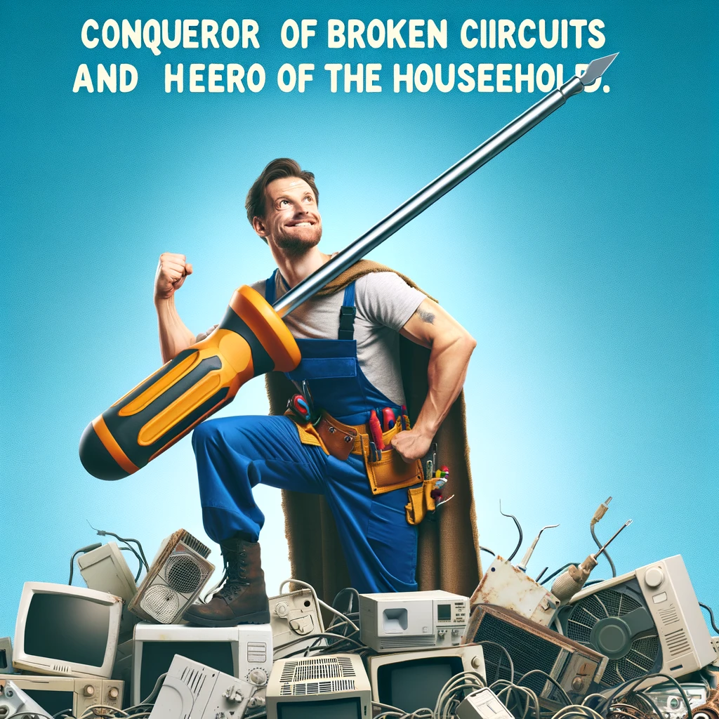 An image of an electrician holding a giant screwdriver like a sword, standing victorious on a pile of electrical appliances. The caption reads: "Conqueror of broken circuits and hero of the household."