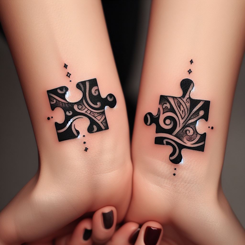 Two interlocking puzzle piece tattoos, representing the unique connection and perfect fit between best friends. The tattoos are positioned on the inside of each person's wrist, visible when they hold hands or stand side by side. The puzzle pieces should be designed with intricate patterns or symbols that hold personal significance to the friends, inked in a combination of black and a touch of color to highlight their bond.