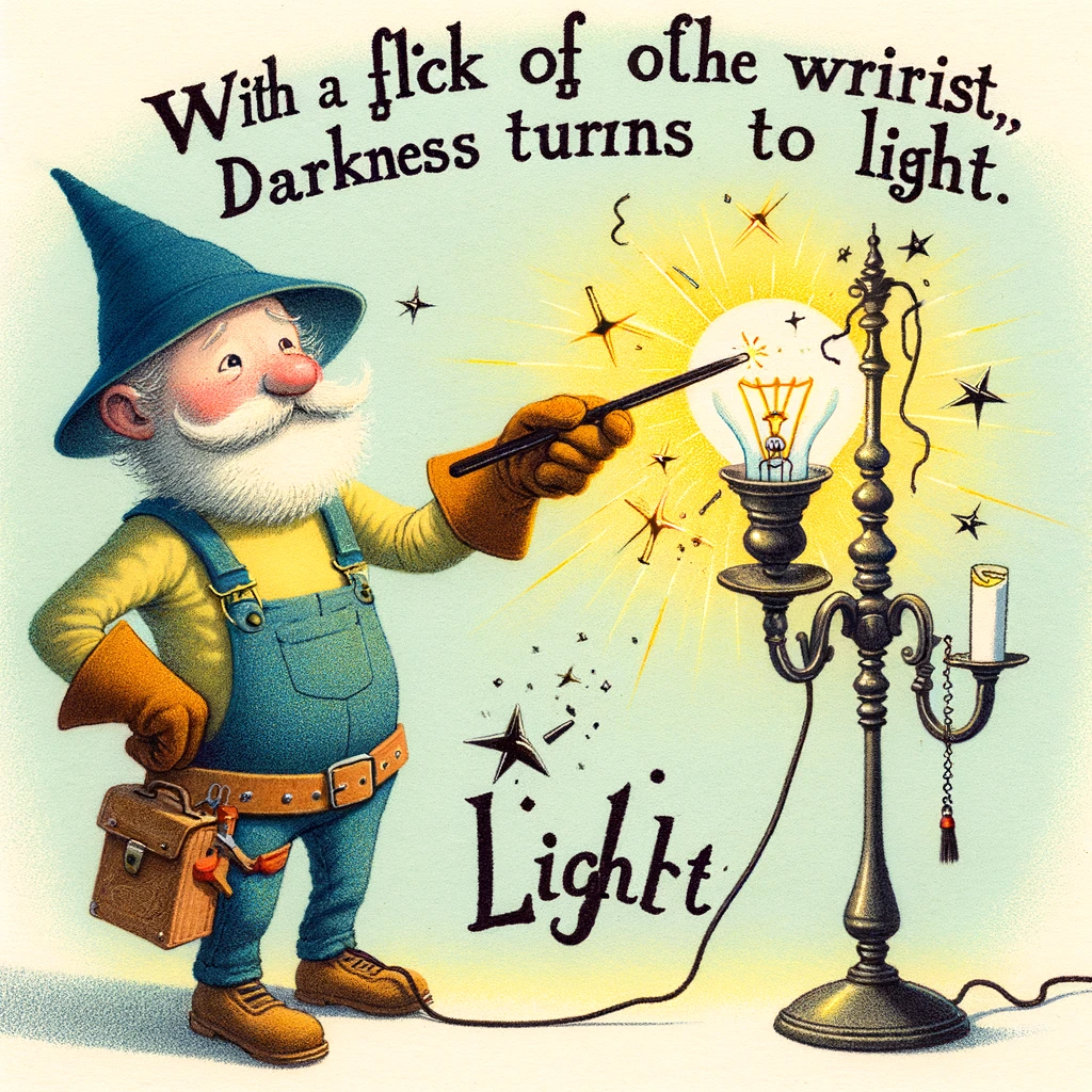 A whimsical illustration of an electrician with a magic wand, turning a broken lamp into a shining chandelier. The caption reads: "With a flick of the wrist, darkness turns to light."