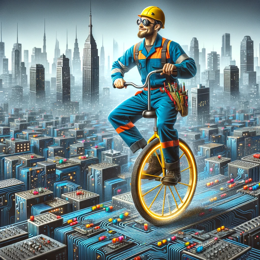 A humorous image of an electrician riding an electric unicycle through a circuit board cityscape. The caption reads: "Navigating the electric jungle with style."