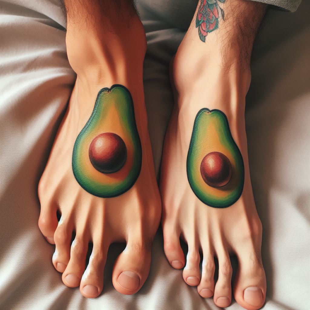 Two coordinating avocado half tattoos, one with the pit and one without, placed on the top of each person's foot near the ankle. This playful and quirky design symbolizes complementarity and the idea that together, the friends make a whole. The avocado tattoos should be colorful and realistic, with a touch of whimsy to reflect the fun aspects of their friendship.