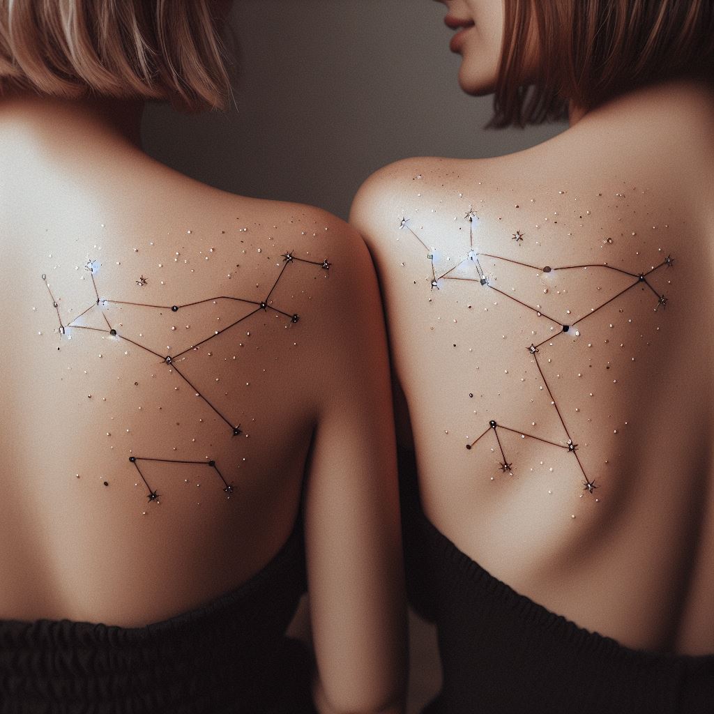 Matching constellation tattoos, chosen based on a shared astrological sign or a constellation with personal meaning to the friends. The tattoos are located on the back of each person's shoulder, offering a sense of guidance and protection. The constellations are depicted with delicate dots and lines, creating a subtle and elegant design that connects them to the universe and each other.