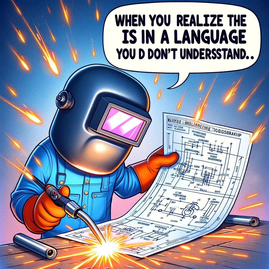 A cartoon welder holding a welding torch with sparks flying around, humorously struggling to read a welding diagram. Caption: "When you realize the blueprint is in a language you don't understand."