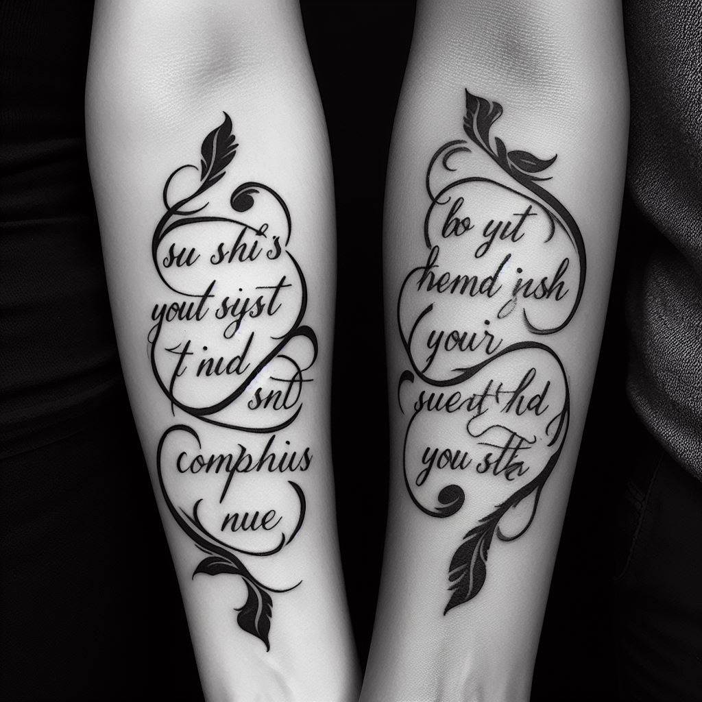 Complementary quote tattoos, with each friend having one half of a meaningful quote or saying that completes the other. The tattoos are inked in a flowing script along the inside of each person's forearm, coming together to form the full quote when they stand side by side. The design should focus on the beauty of the lettering and the depth of the message, symbolizing their shared values and the strength of their bond.