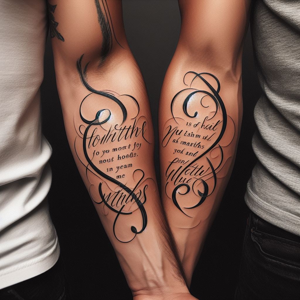 Complementary quote tattoos, with each friend having one half of a meaningful quote or saying that completes the other. The tattoos are inked in a flowing script along the inside of each person's forearm, coming together to form the full quote when they stand side by side. The design should focus on the beauty of the lettering and the depth of the message, symbolizing their shared values and the strength of their bond.