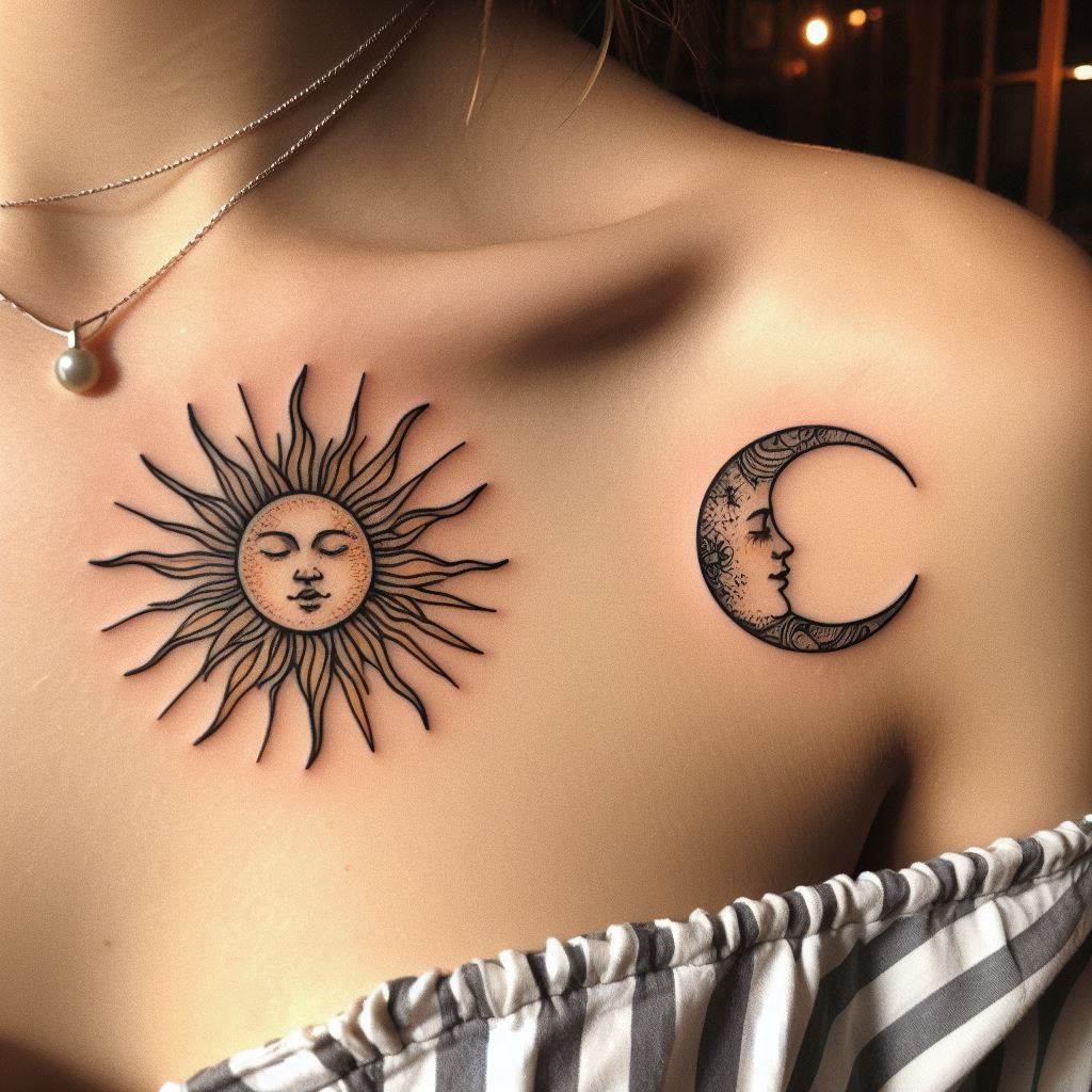 A sun tattoo on one friend's left collarbone and a matching moon tattoo on the other friend's right collarbone. These celestial bodies represent the balance and harmony within their friendship, symbolizing how they complement each other perfectly. The sun should be designed with rays spreading warmth and light, while the moon should be depicted in a crescent shape, cradling the darkness with a touch of mystery. Both tattoos are executed in a delicate line art style with minimal shading for an elegant look.