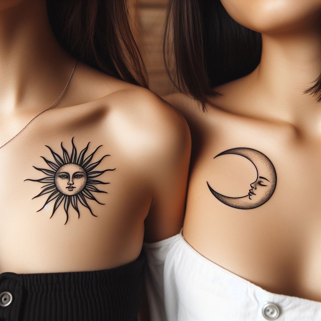 A sun tattoo on one friend's left collarbone and a matching moon tattoo on the other friend's right collarbone. These celestial bodies represent the balance and harmony within their friendship, symbolizing how they complement each other perfectly. The sun should be designed with rays spreading warmth and light, while the moon should be depicted in a crescent shape, cradling the darkness with a touch of mystery. Both tattoos are executed in a delicate line art style with minimal shading for an elegant look.