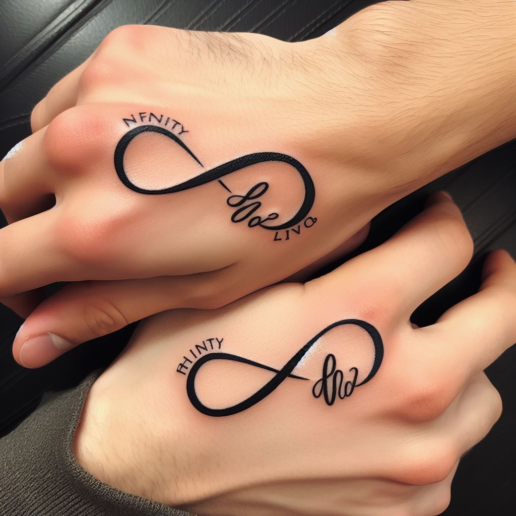 Matching infinity symbol tattoos, each intertwined with the initial of the other friend, located on the side of each person's hand near the thumb. This design symbolizes the everlasting nature of their friendship and the personal connection they share. The infinity symbol should be sleek and simple, with the initials incorporated seamlessly into the design, creating a personalized touch. The tattoos are inked in black for a classic and versatile appearance.