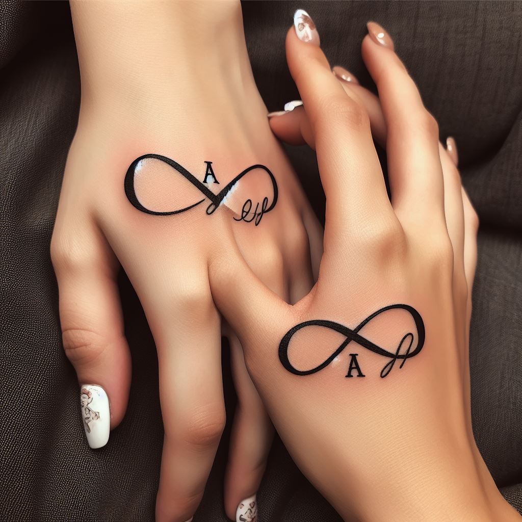 Matching infinity symbol tattoos, each intertwined with the initial of the other friend, located on the side of each person's hand near the thumb. This design symbolizes the everlasting nature of their friendship and the personal connection they share. The infinity symbol should be sleek and simple, with the initials incorporated seamlessly into the design, creating a personalized touch. The tattoos are inked in black for a classic and versatile appearance.